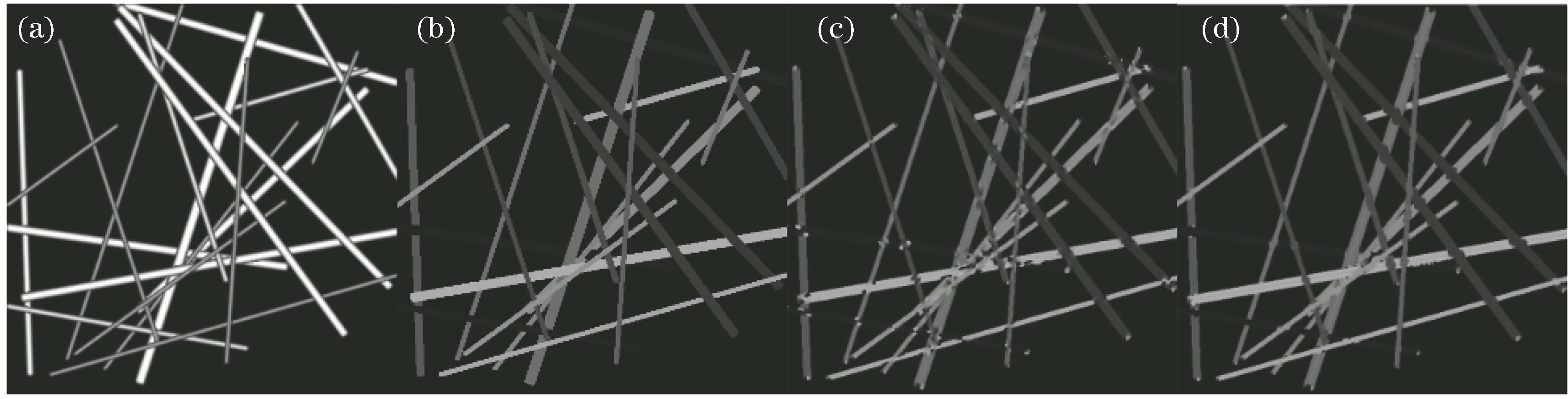 Simulation results. (a) Simulation of two-dimensional fiber; (b) grayscale in th actual direction; (c) vector weighted algorithm; (d) proposed algorithm