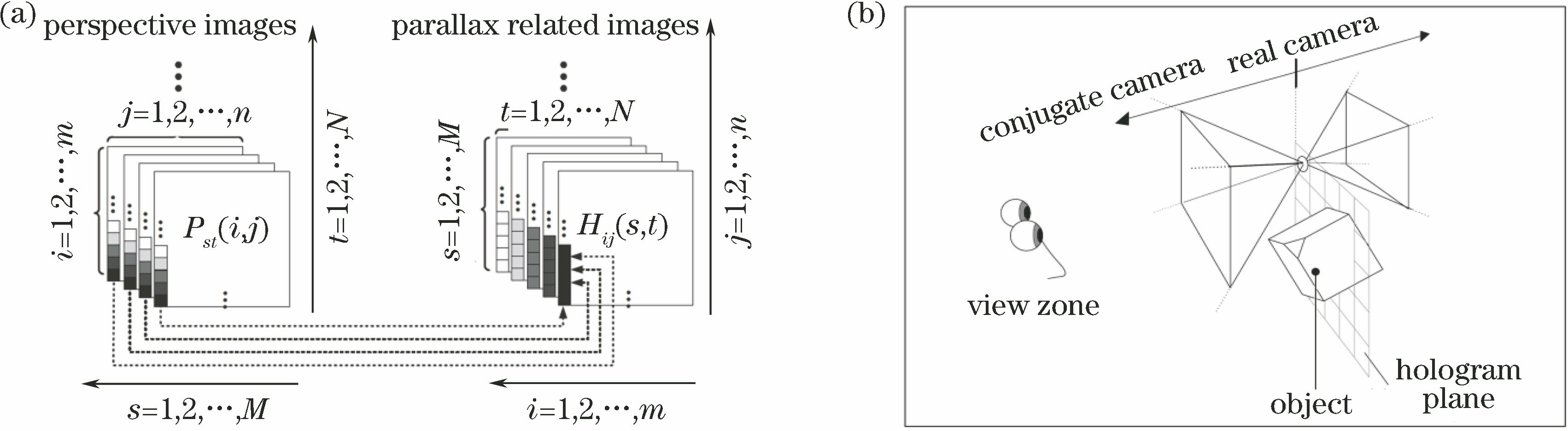 Holographic stereogram of ultragram. (a) Rearranged perspective image of full parallax holographic stereogram with infinite camera; (b) principle of double-cone sampling method