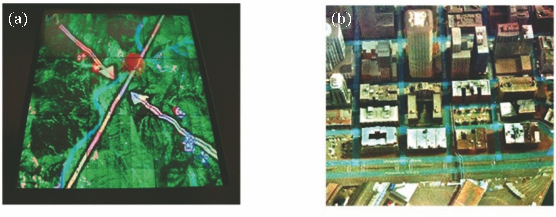 3D map of Zebra Imaging. (a) Holographic map of battlefield environment; (b) holographic map of New York city