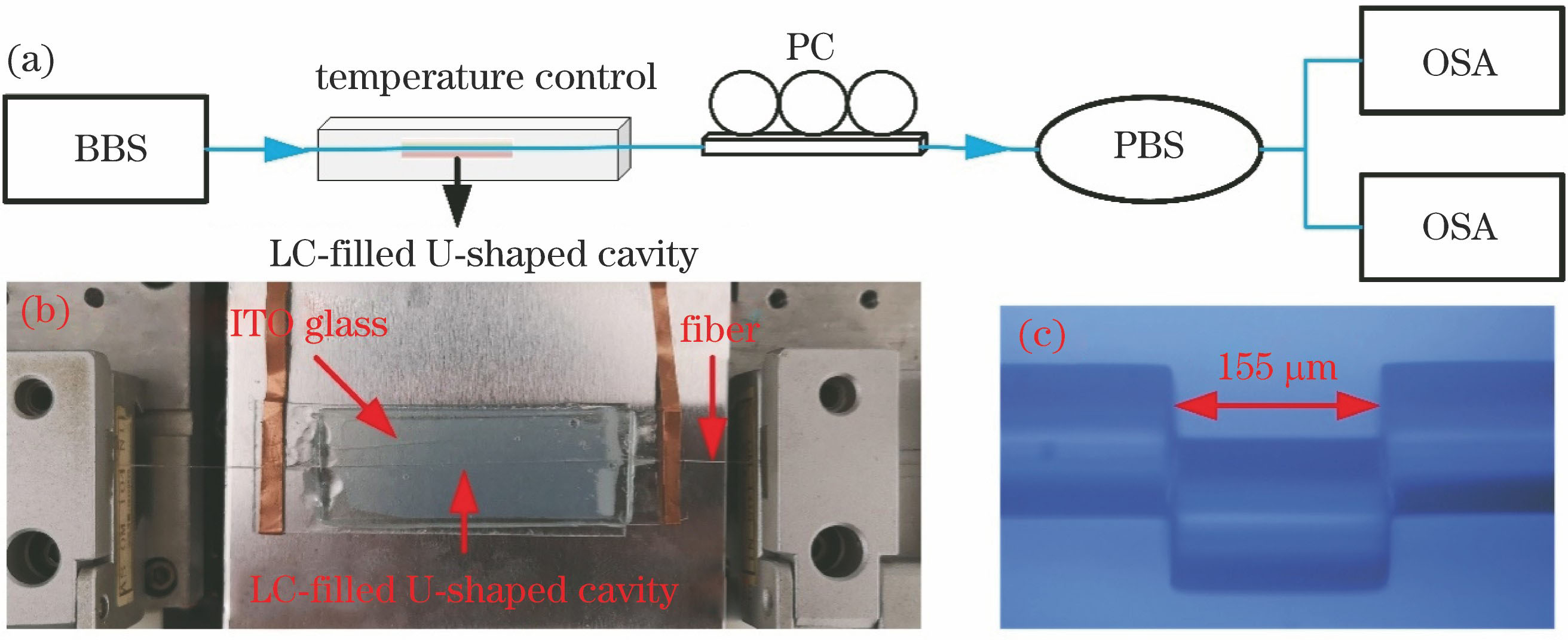 Schematic of experimental system. (a) Schematic of experimental setup; (b) photograph of liquid-crystal-filled U-shaped fiber device; (c) microscopic photograph of U-shaped fiber cavity
