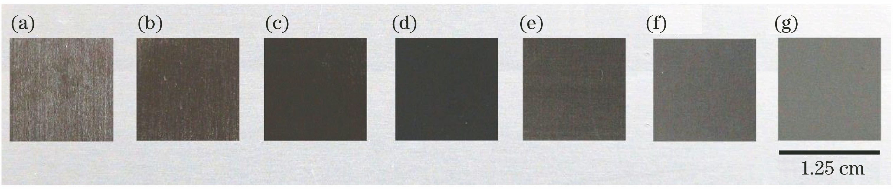 Macroscopic displays on surface of 5052 anodic aluminum oxide alloy after laser surface processing with different setup powers. (a) 23%P0; (b) 25%P0; (c) 27%P0; (d) 33%P0; (e) 38%P0; (f) 40%P0; (g) 50%P0