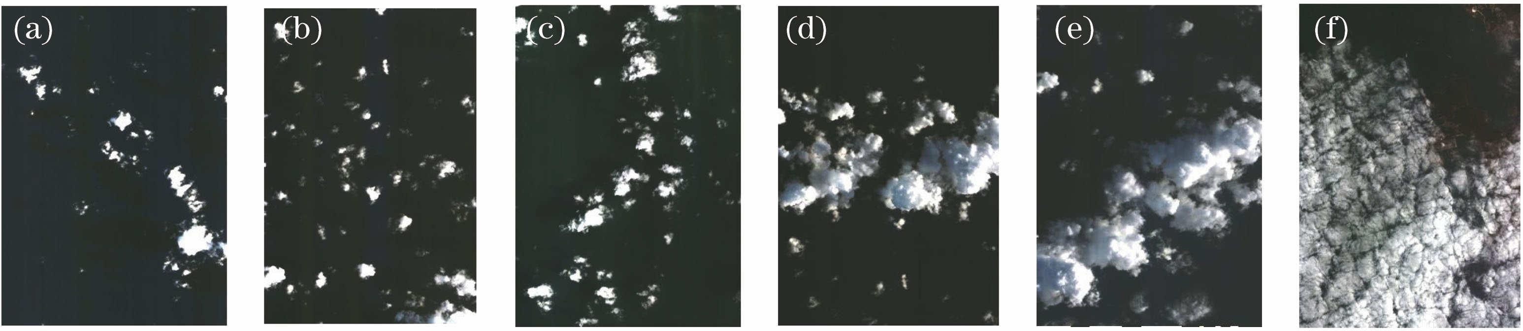 Scene images with features of cloud-only. (a) Sample A; (b) sample B; (c) sample C; (d) sample D; (e) sample E; (f) sample F