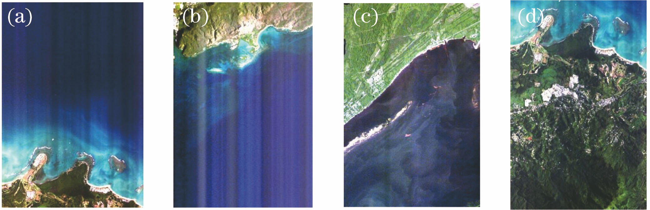 Scene images with features of land and sea. (a) Sample G; (b) sample H; (c) sample I; (d) sample J