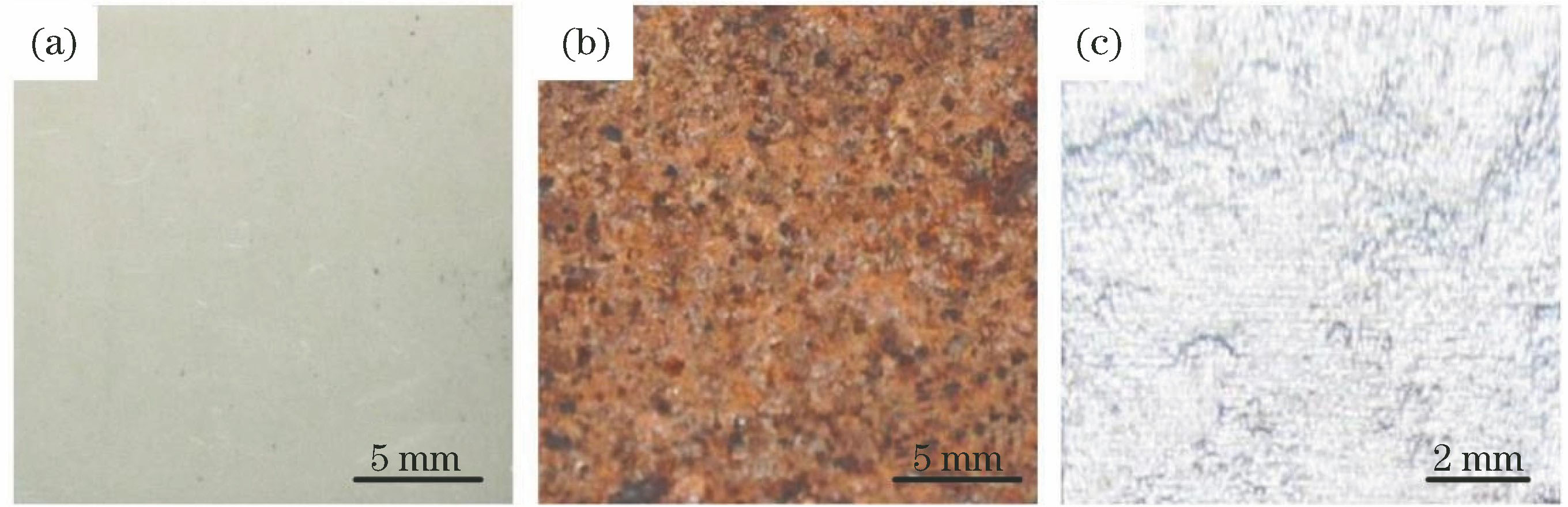Macroscopic morphologies of samples under different conditions.(a) Sample of original matrix; (b) rust sample; (c) sample of laser cleaning