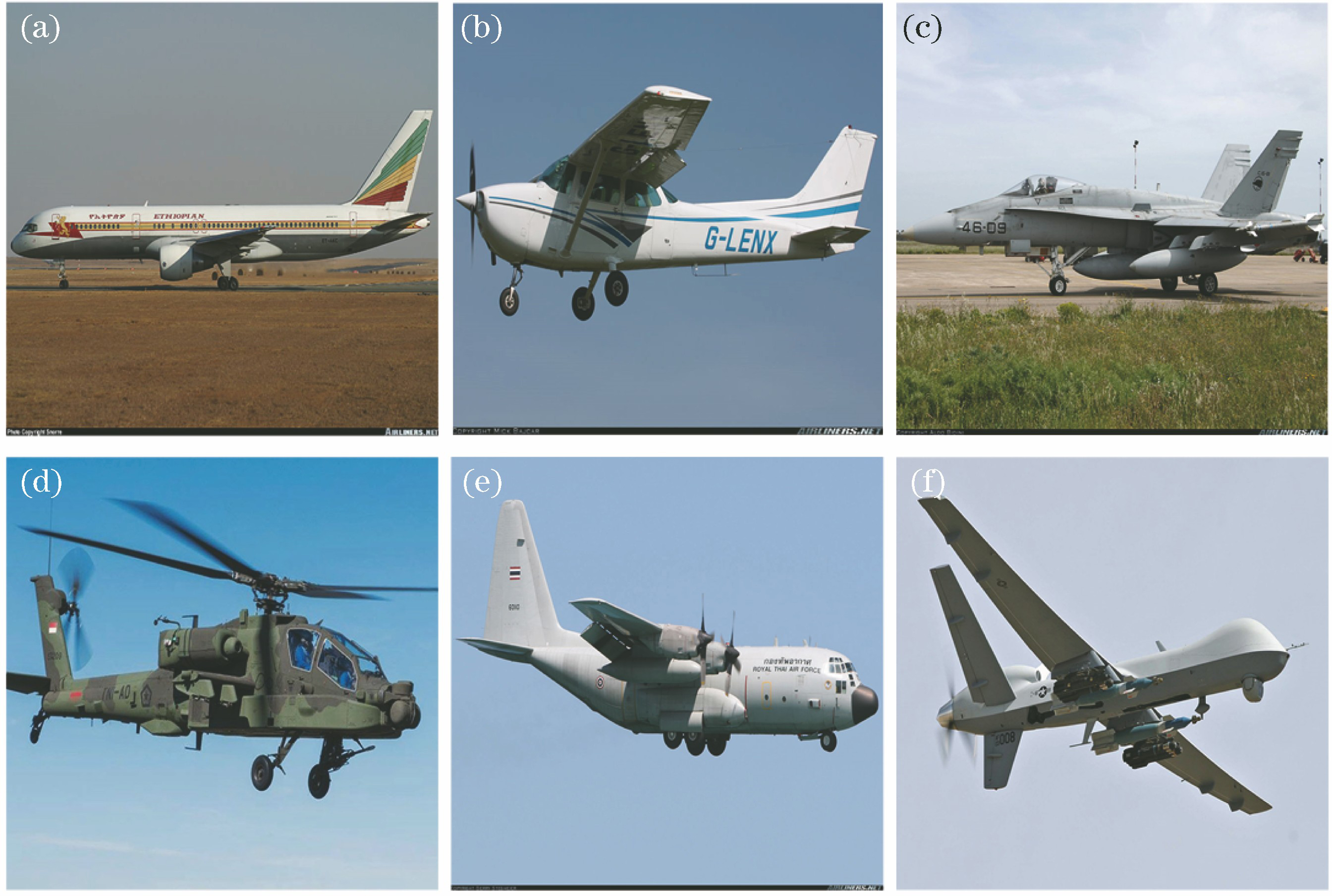 Six types of aircraft targets are used. (a) Boeing; (b) Cessna172; (c) F/A18; (d) AH-64; (e) C-130; (f) MQ-9