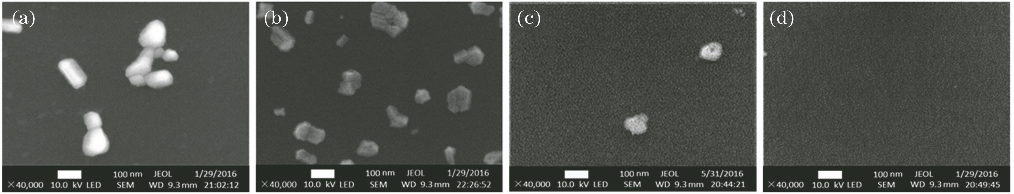 SEM images of PEO∶MAPbBr3 samples with different PCH3NH3Br∶PPbBr2. (a) 1.05∶1; (b) 1.5∶1; (c) 2∶1; (d) 3∶1