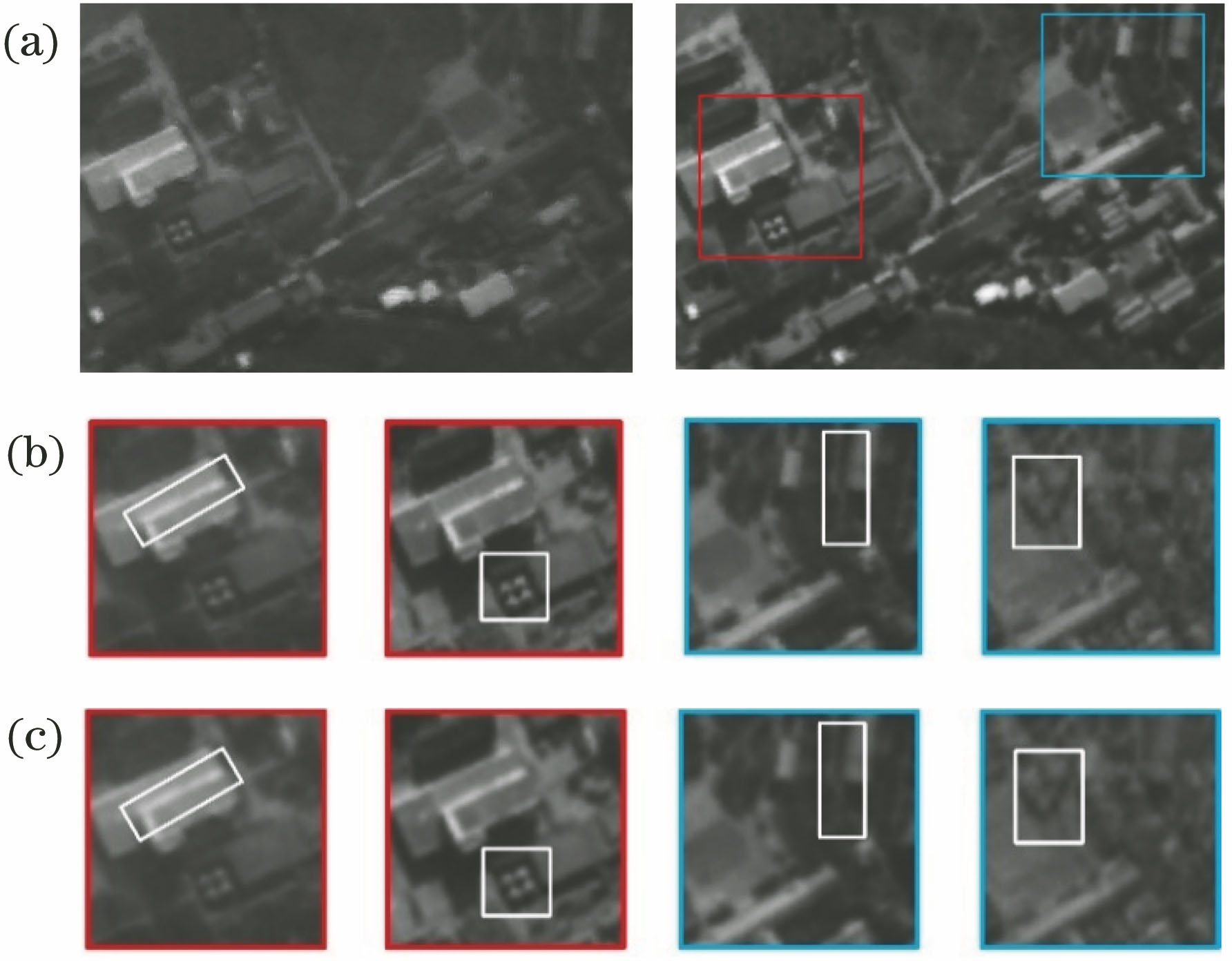 Super-resolution reconstruction effects of 25th, 50th, 75th and 100th band images. (a) Hyperspectral image; (b) hyperspectral super-resolution image; (c) scene image blocks for hyperspectral image; (d) scene image blocks for hyperspectral super-resolution image