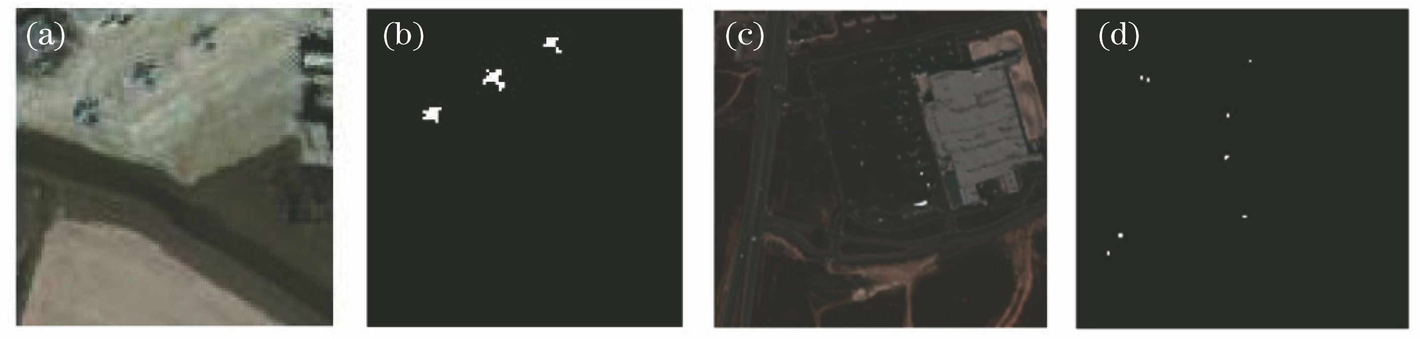 Real data. (a) Pseudo color image on AVIRIS airplane data; (b) ground truth on AVIRIS airplane data; (c) pseudo color image on HYDICE urban data; (d) ground truth on HYDICE urban data
