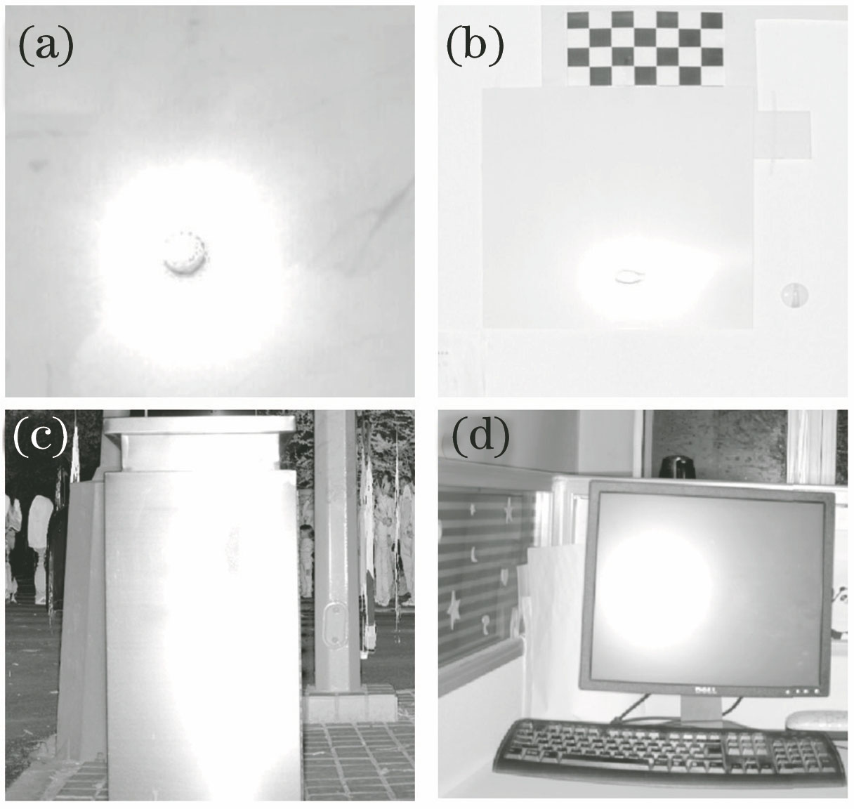 Original intensity images of four different kinds of material surfaces. (a) Ceramic tile; (b) polyethylene; (c) stainless garbage; (d) LCD screen