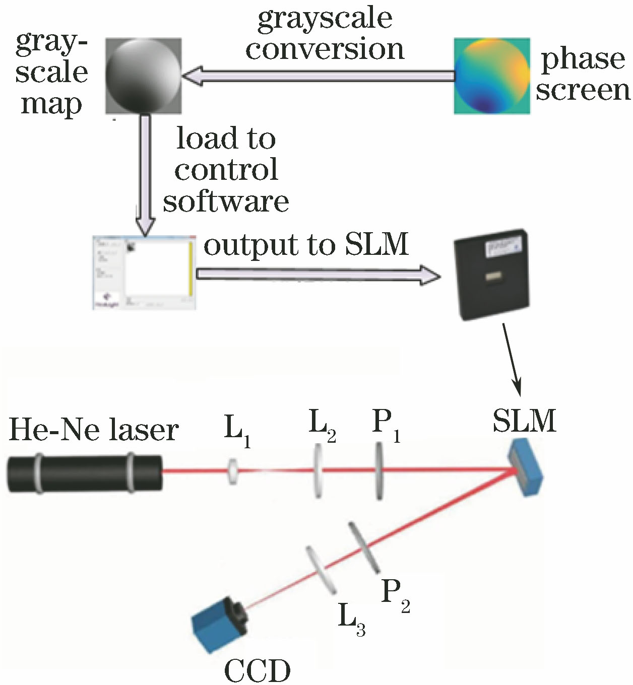 LC-SLM grayscale image loading and wavefront simulation diagram