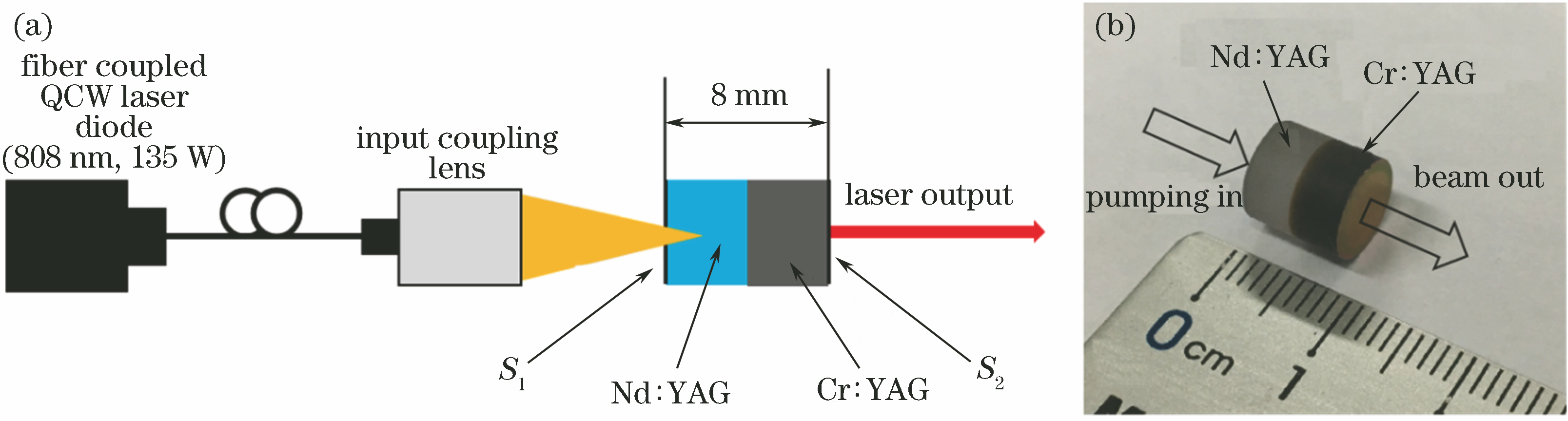Schematic of laser and gain media. (a) Schematic of composite Nd∶YAG/Cr∶YAG monolithic laser; (b) Nd∶YAG gain media bounded with Cr∶YAG saturable absorber
