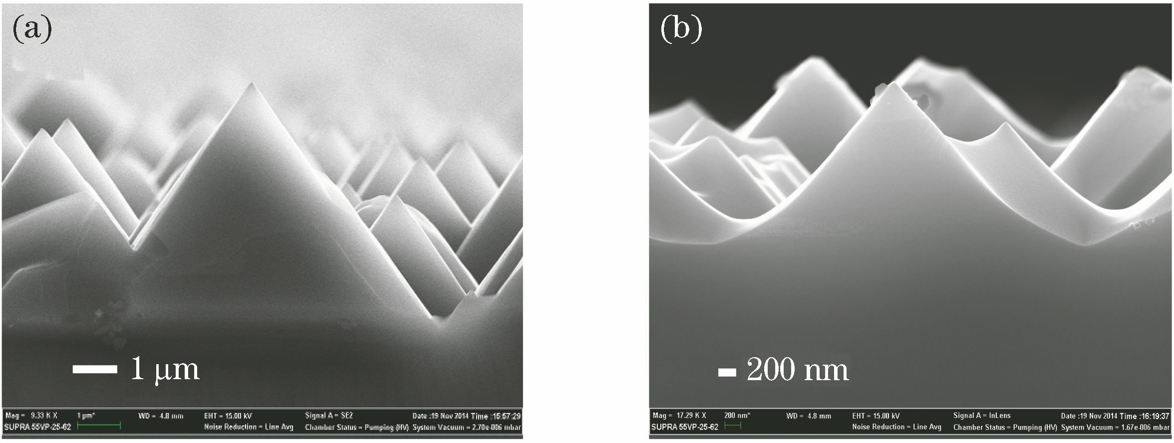 SEM images of pyramid profile. (a) Before isotropic etching; (b) after isotropic etching
