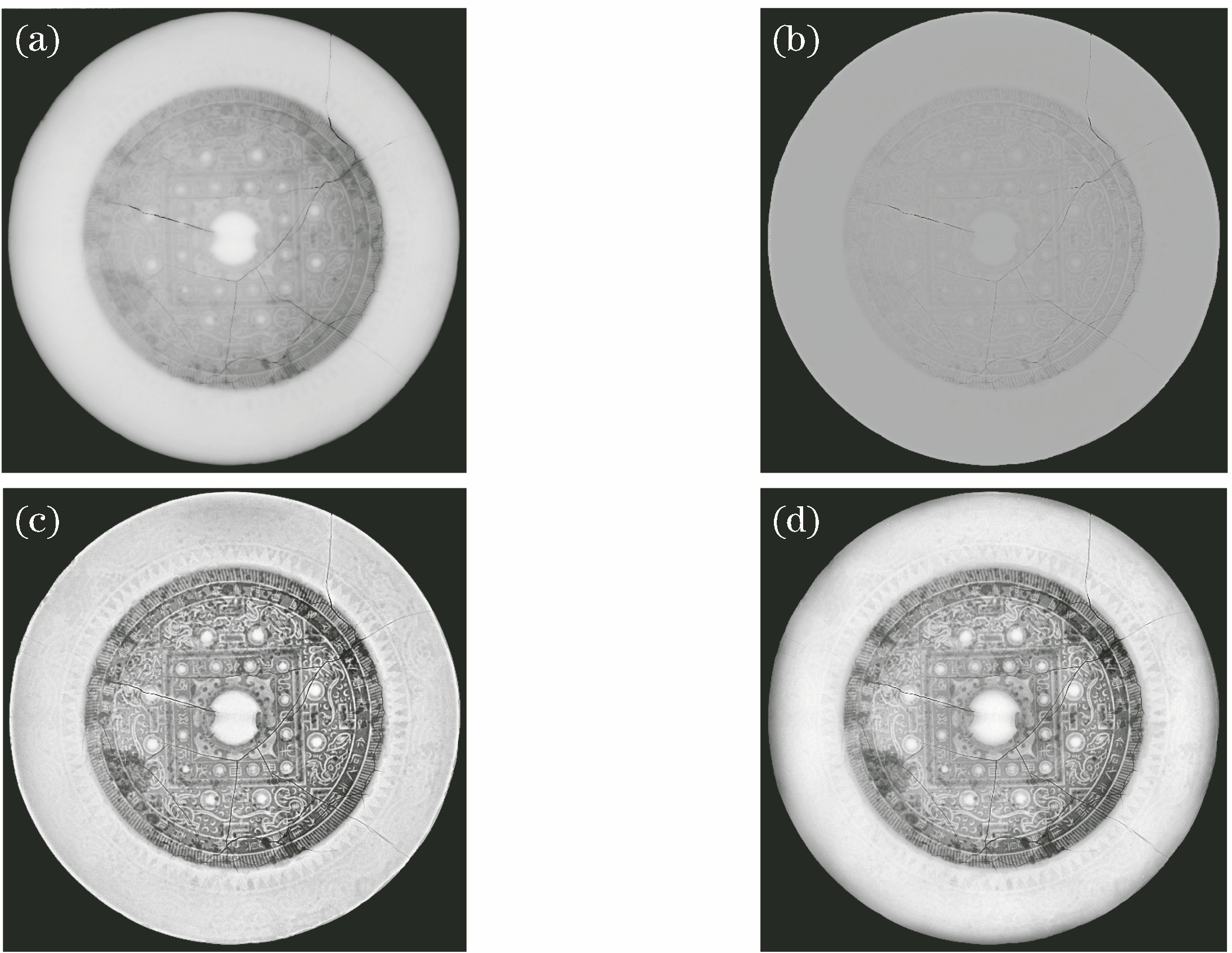 X-ray image enhancement process of bronze mirror. (a) Original image; (b) result of high-frequency emphasis filtering (D0=200); (c) result of adaptive performing histogram on (b) (D0=200); (d) result of image enhancement (D0=500)