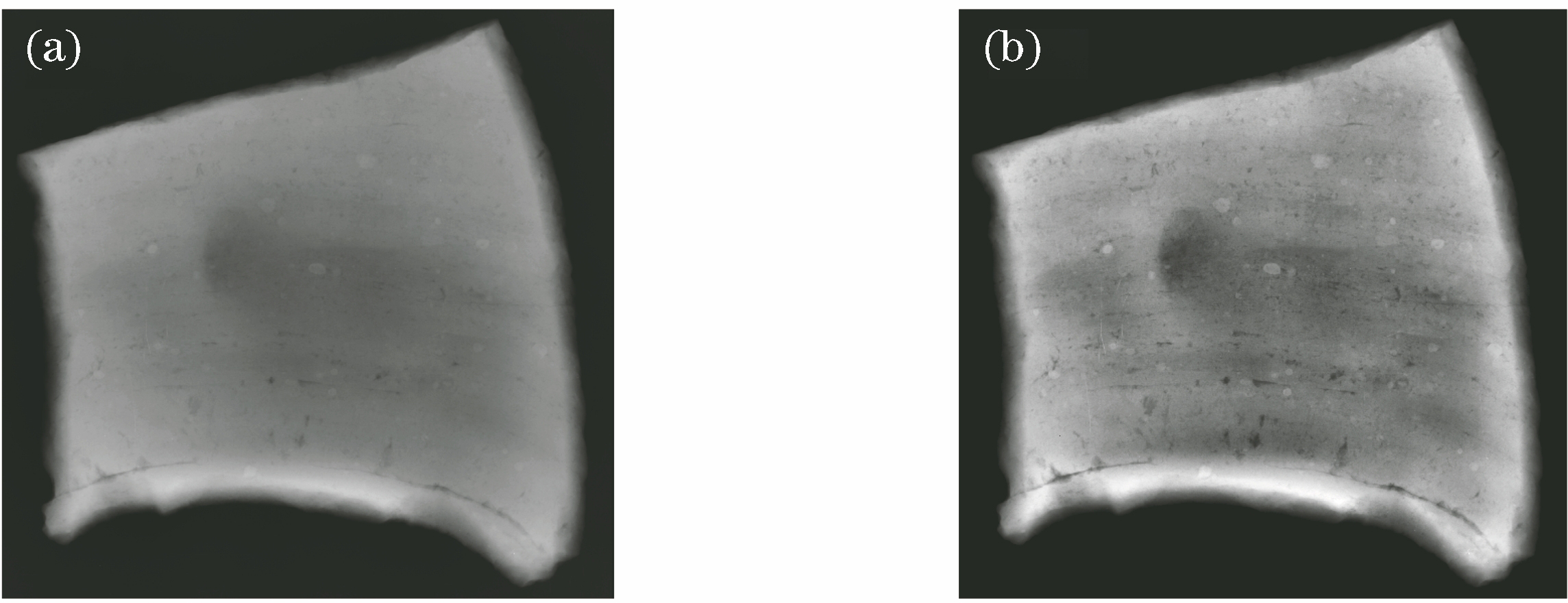 X-ray images of ceramic shard before and after image enhancement. (a) Original image; (b) enhanced image