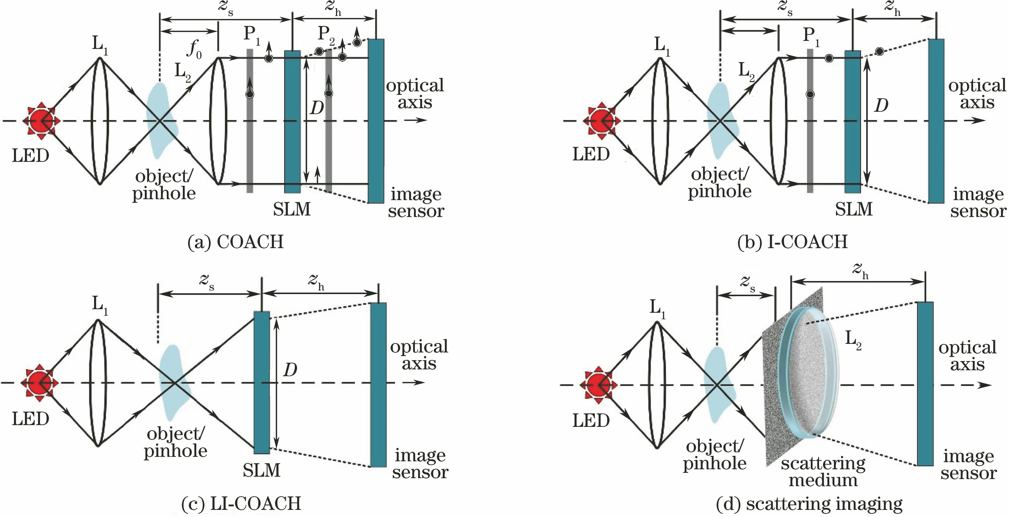 Schematic of imaging optical paths. (a) COACH[32]; (b) I-COACH[35]; (c) LI-COACH[36]; (d) scattering imaging[39]