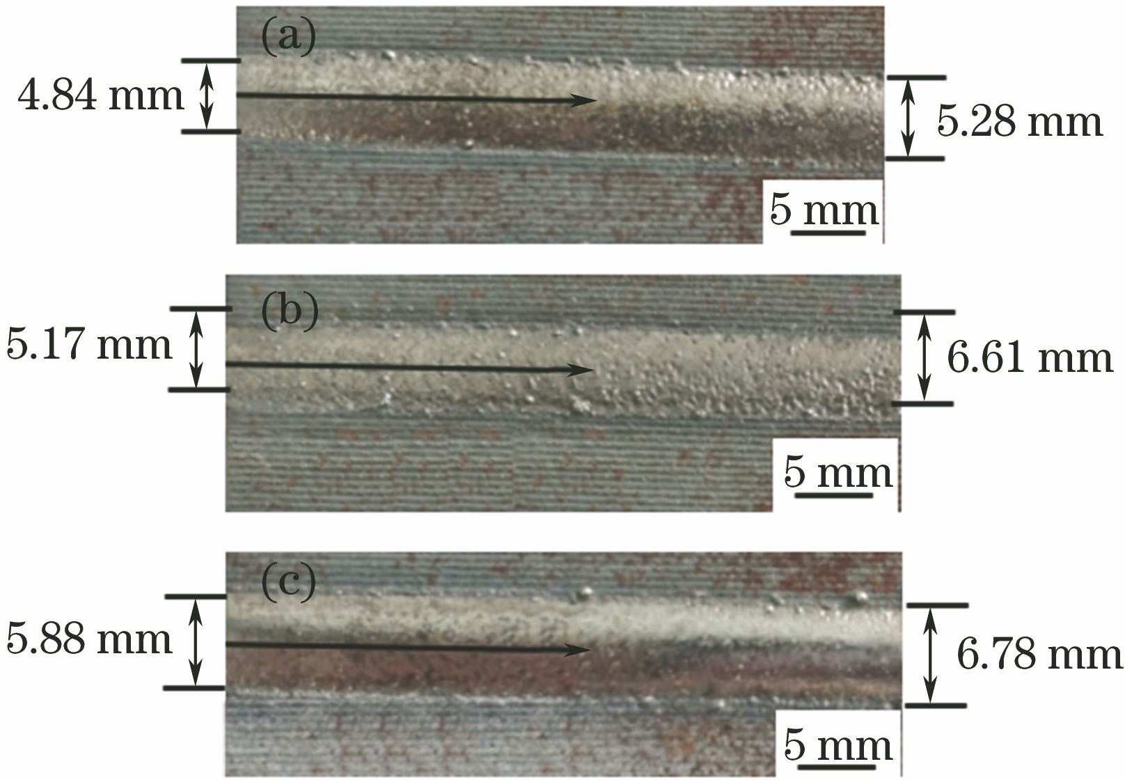 Upper surface macro-morphologies of laser cladded Co-based alloy under different defocus amounts. (a) D=110 mm; (b) D=130 mm; (c) D=150 mm