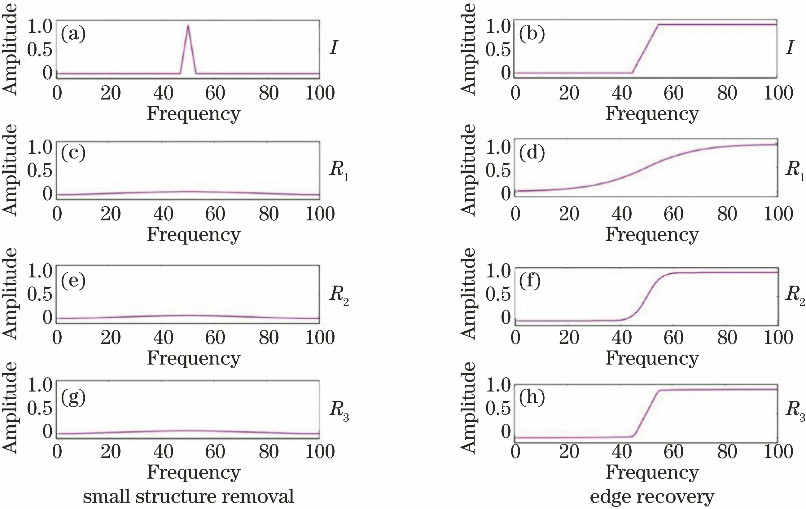 Results of scale-perception and edge-protection filter acting on one-dimensional signals. (a)(b) Partial structures of one-dimensional signal I; (c)(d) result after one filtering process, R1; (e)(f) result after two filtering processes, R2; (g)(h) result after three filtering processes, R3