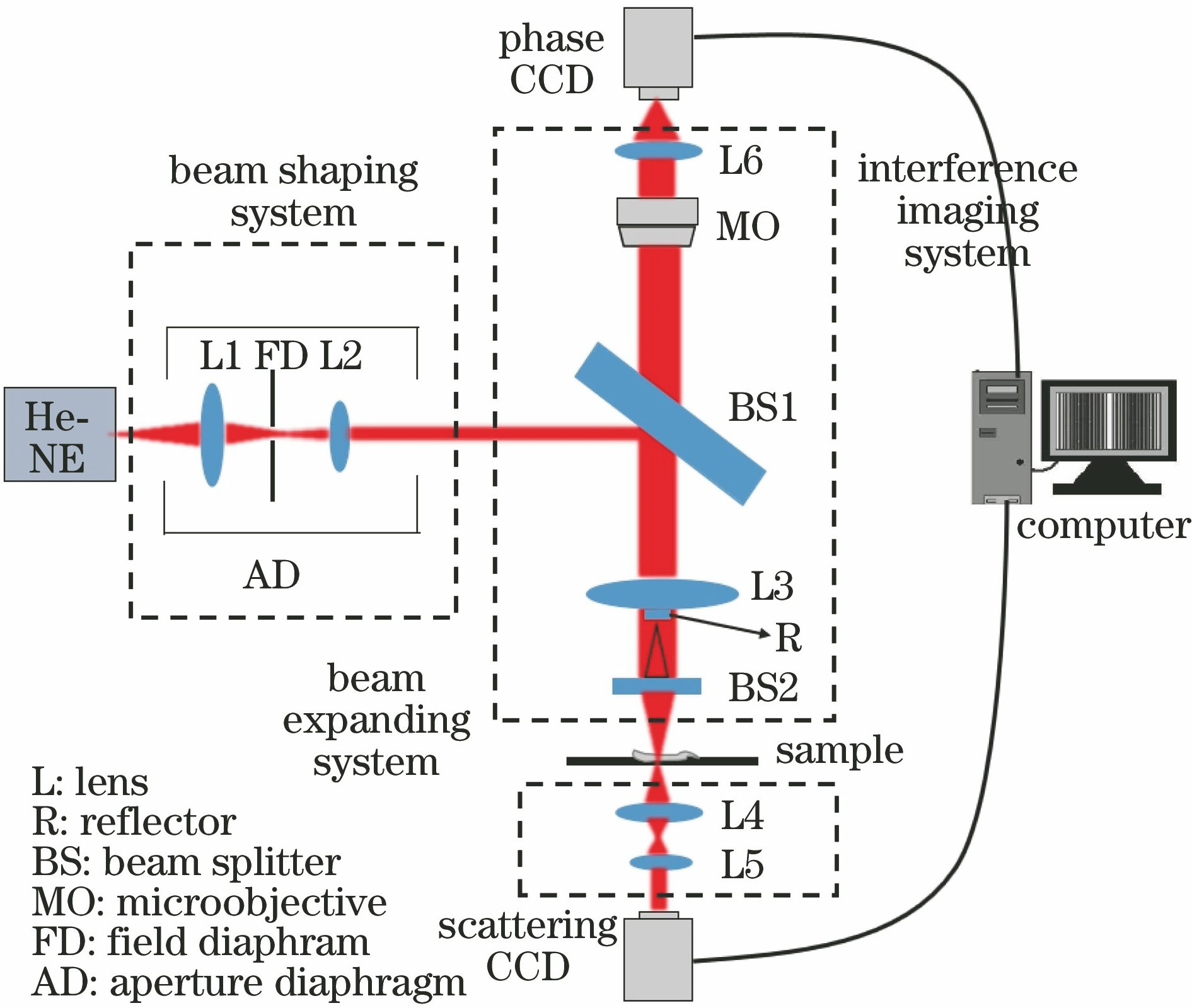 Schematic of biological cell phase imaging system integrated with optical scattering information