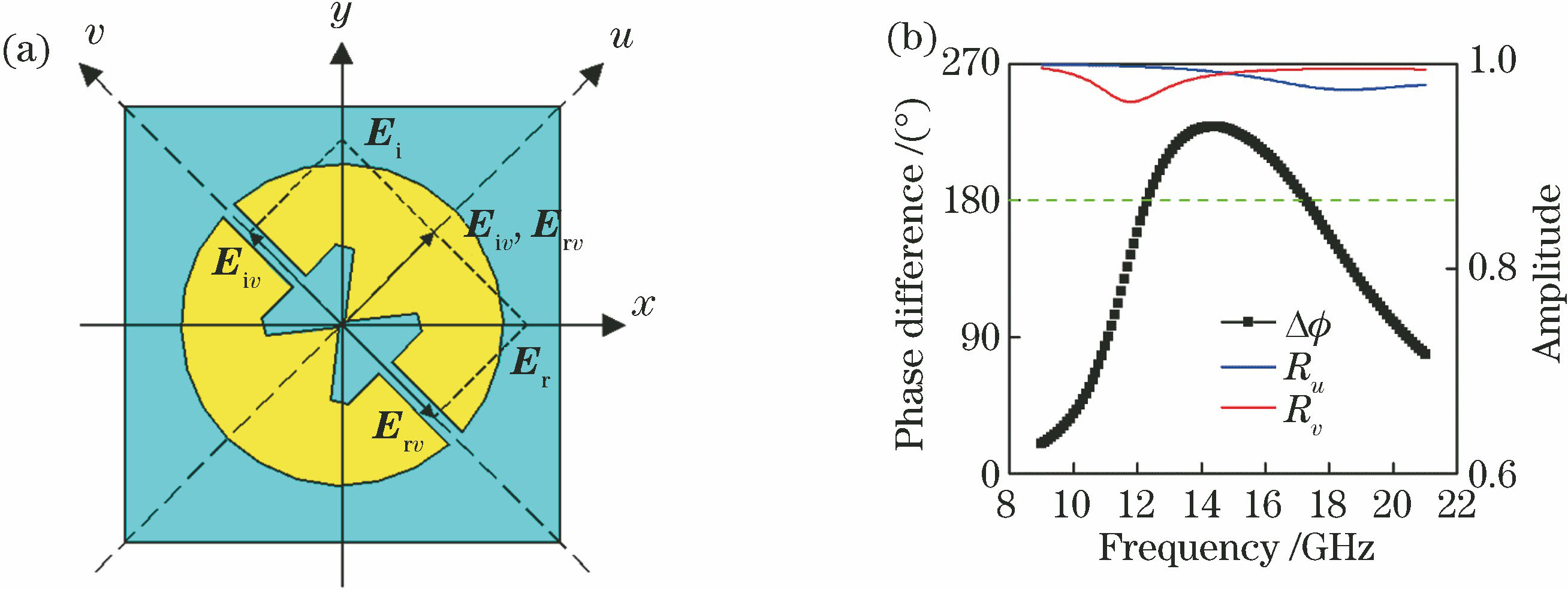 Reflection principle of metasurface. (a) Schematic of electromagnetic wave components along v and u; (b) reflection amplitudes and phase differences of Rv and Ru