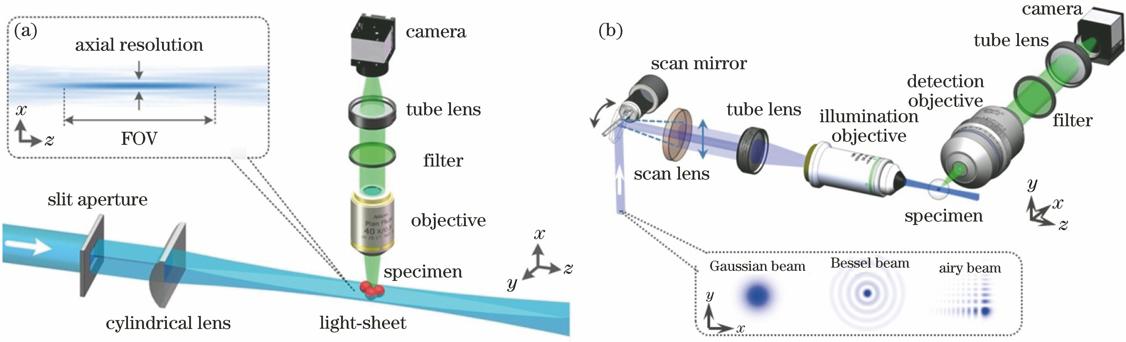 Schematic diagrams for two types of LSFM with different light-sheet generation schemes. (a) Light-sheet is generated by focusing a laser beam with a cylindrical lens; (b) light-sheet is generated by rapidly scanning a laser beam with a scan mirror. Below are the transversal intensity patterns of various types of incident laser beams