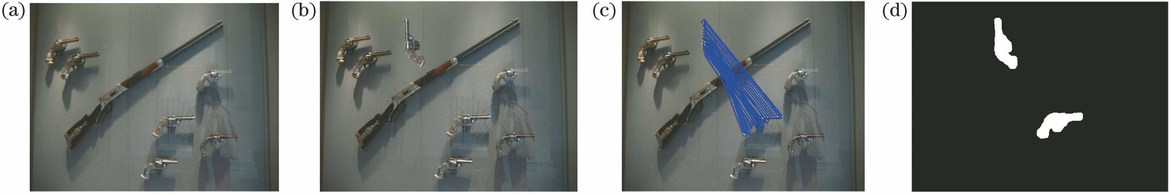 Detection results of the algorithm on rotation transform operation. (a) Original image; (b) tampering image (rotation 90°); (c) matching result; (d) detection result