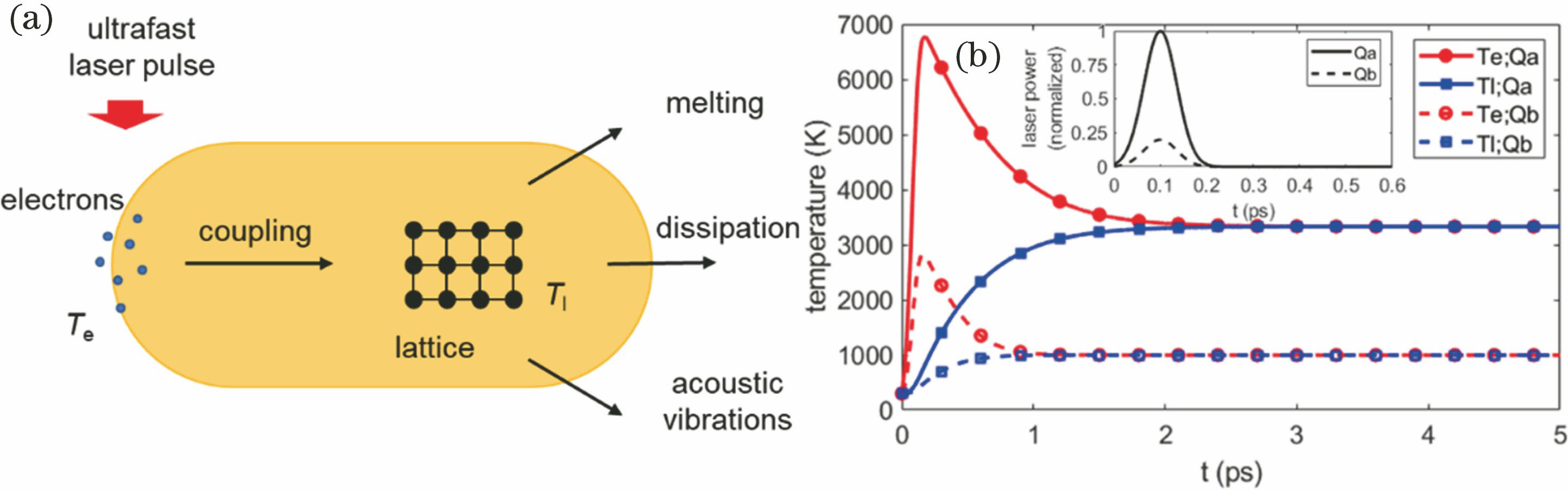 Schematic of two temperature model (TTM) for plasmonic materials. (a) Schematic of excitation and relaxation of electrons and lattice; (b) variations of electron temperature Te and lattice temperature Tl with time obtained by simulation after fetosecond laser heating with power densities of Qa and Qb (Qa>Qb)