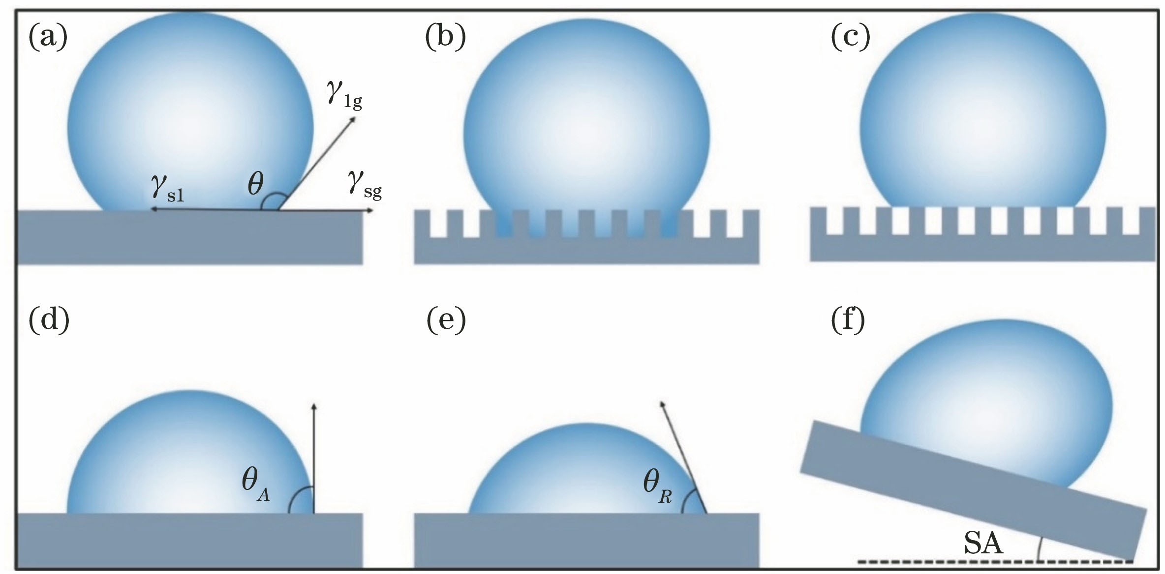 Surface wettability model. (a) Young's state; (b) Wenzel model; (c) Cassie model; (d) angle of droplet is advancing angle when droplet is added and contact line remains stationary; (e) contact angle of droplet is receding angle when droplet is drawn and contact line remains stationary; (f) sliding angle of droplet