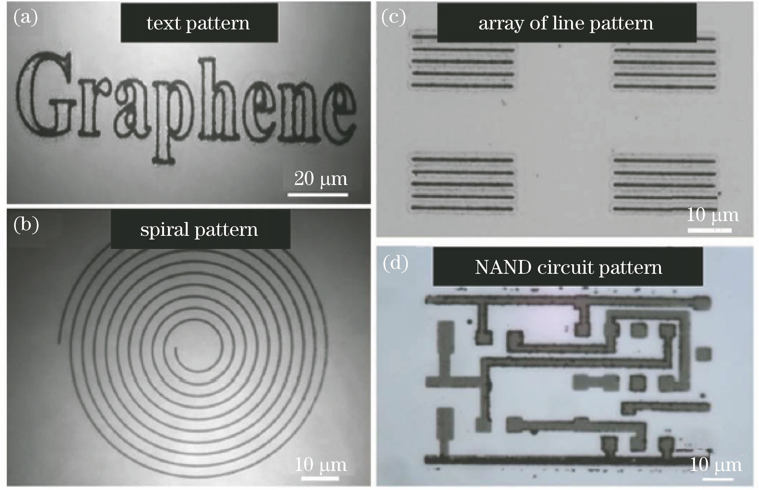 Micro-nano structure of graphene film. (a) Graphene text pattern on a glass substrate; (b) graphene spiral pattern on a glass substrate; (c) arrays of graphene lines on a glass substrate; (d) circuit pattern on a SiO2/Si substrate[22]