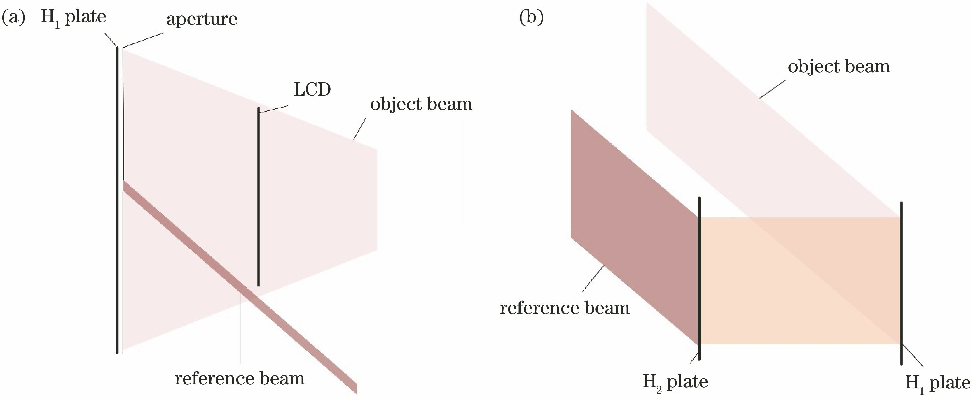 Principle of two-step transfer and exposure method. (a) Production of master hologram; (b) transfer of hologram