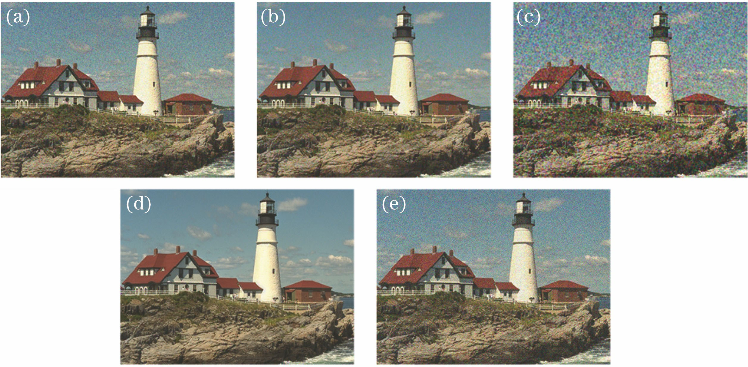 Five images of different distortion types. (a) Additive Gaussian noise; (b) additive noise in colorcomponent; (c) spatially correlated noise; (d) masked noise; (e) high frequency noise
