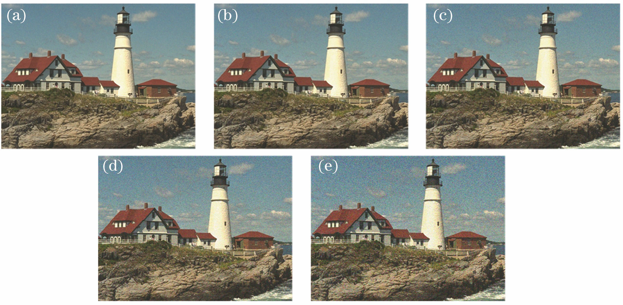 Five additive Gaussian noise images of different distortion levels. (a)-(e) Level 1-5