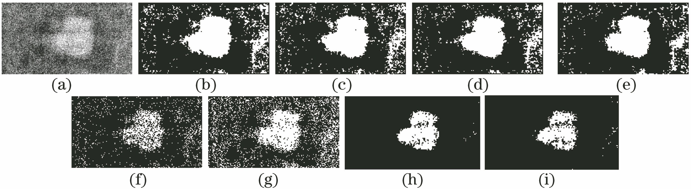 Segmentation results of different algorithms on #NDT1 image. (a) Image with Gaussian noise (0, 0.02); (b) FCM_S1 algorithm; (c) FCM_S2 algorithm; (d) EnFCM algorithm; (e) FGFCM algorithm; (f) algorithm in Ref. [20]; (g) algorithm in Ref. [21]; (h) IFCM_S1 algorithm; (i) IFCM_S2 algorithm
