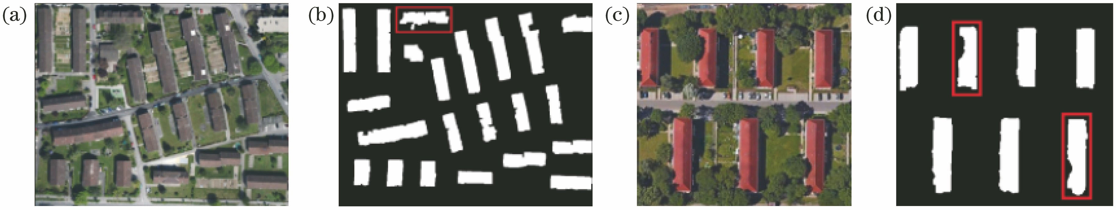 Initial results of buildings extracted by shifted shadow analysis. (a) Original remote sensing image A; (b) initial result of building A; (c) original remote sensing image B; (d) initial result of building B