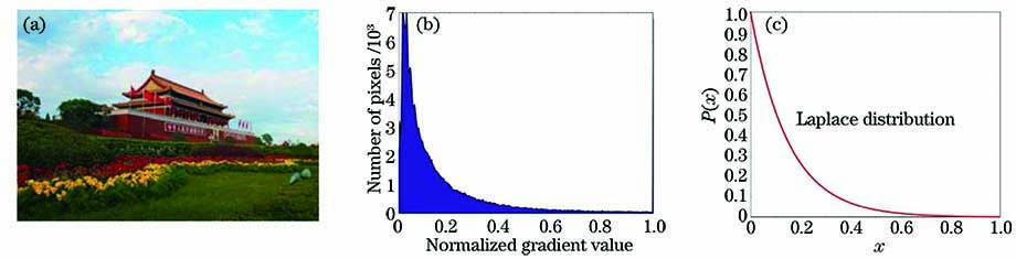 Gradient characteristics of nature image. (a) Nature scene image; (b) gradient histogram; (c) Laplace distribution