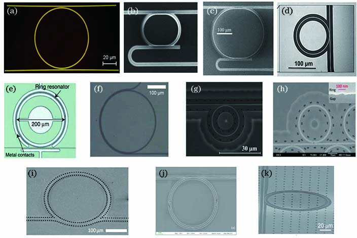 SEM images of each micro-ring resonator based on different silicon material platforms. (a)-(d) Optical microscope and SEM image of SOS ring resonators[12-14]; (e)(f) optical microscope and SEM image of SOI ring resonators[15-16]; (g)-(j) SEM image of suspended Si ring resonators[17</x
