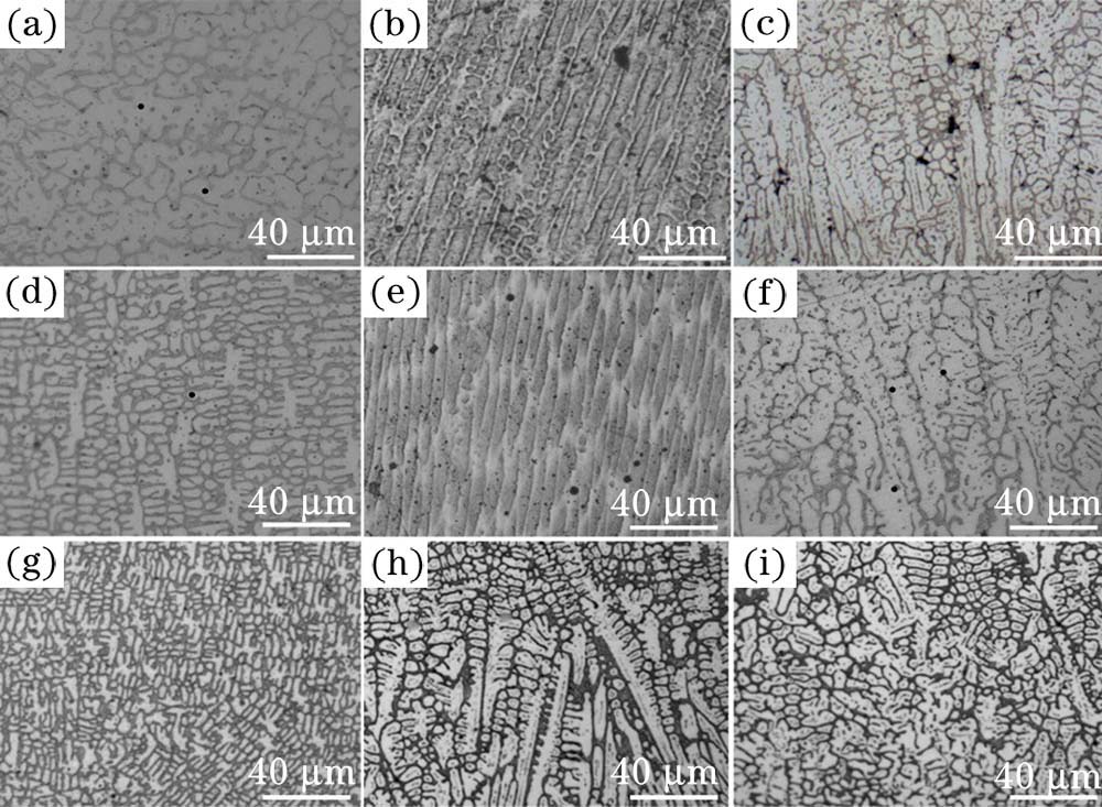 Comparison of microstructure under three magnetic fields. (a)--(c) Top, middle, and bottom of cladding layer when B=0 mT; (d)--(f) top, middle, and bottom of cladding layer when B=200 mT; (g)--(i) top, middle, and bottom of cladding layer when B=400 mT