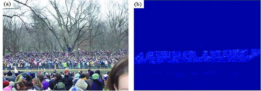 Crowding density map. (a) Original image; (b) geometric adaptive Gaussian kernel