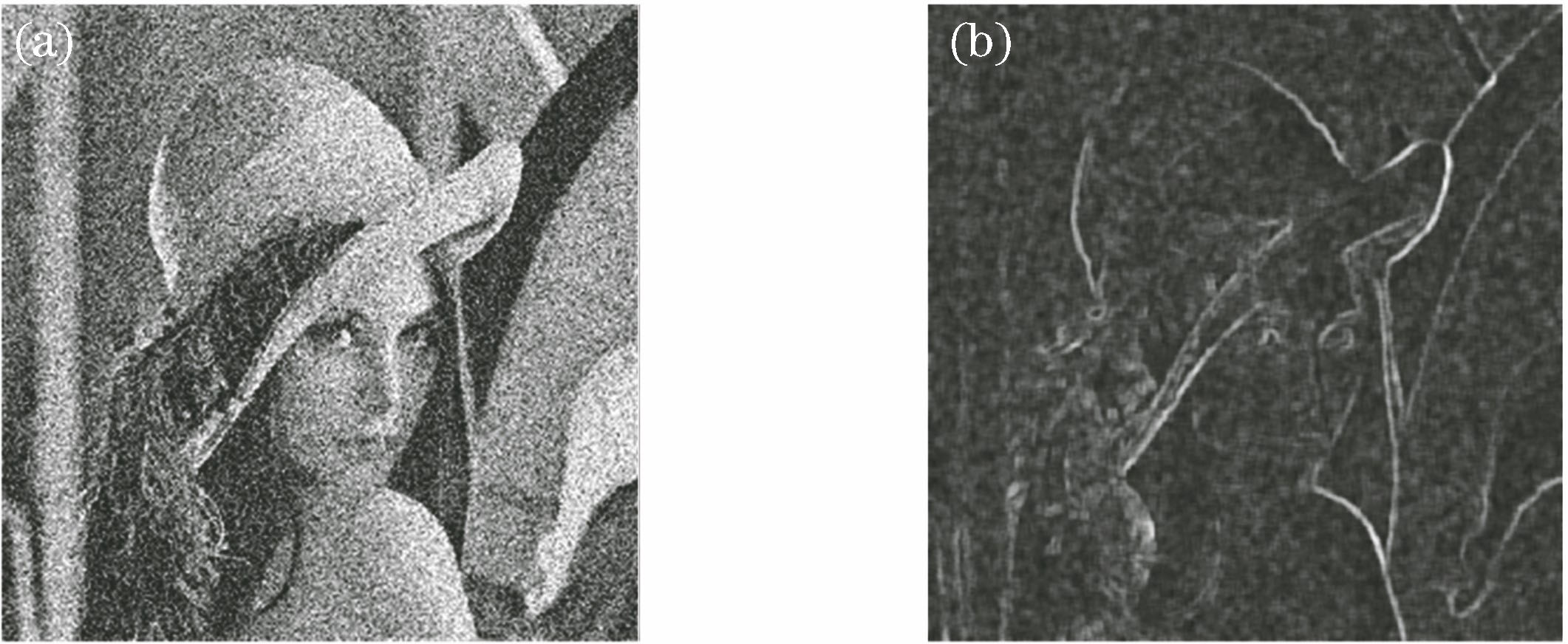 Processing of Lena image. (a) Lena image with Gauss white noise; (b) normalized noise standard deviation