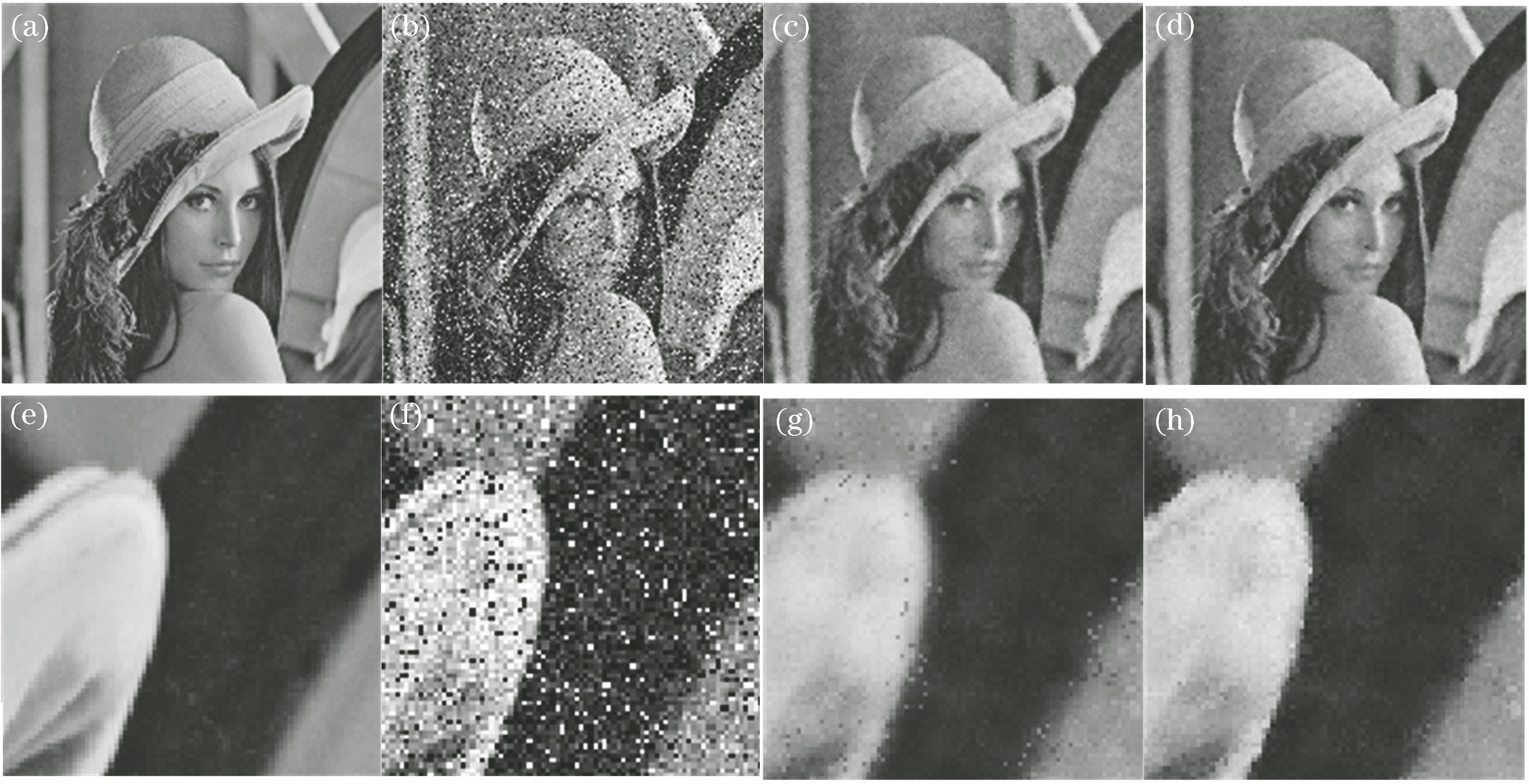 Comparison of denoising results of Lena image. (a) Original image; (b) noisy image; (c) denoising result of method in Ref.[10]; (d) denoising result of proposed method; (e) local image in Fig. 2 (a); (f) local image in Fig. 2 (b); (g) local image in Fig. 2 (c); (h) local image in Fig. 2 (d)