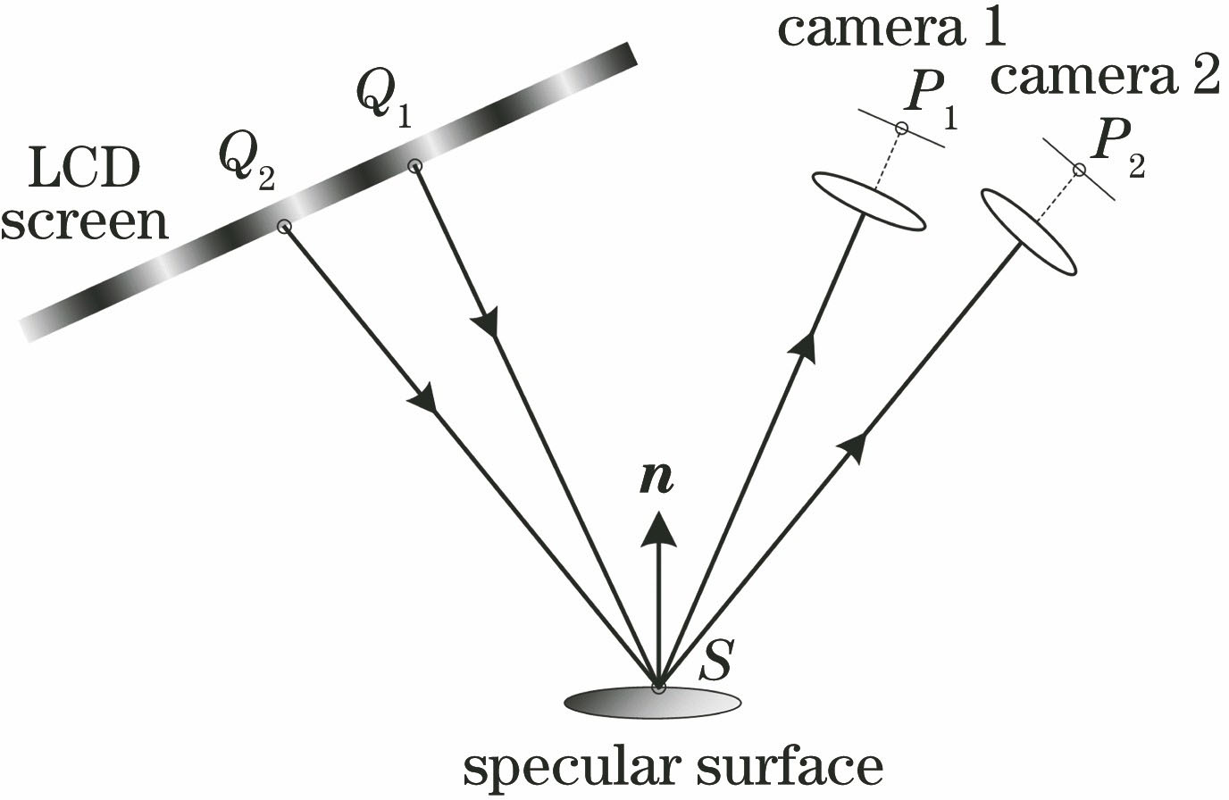 Schematic of stereo phase measuring deflectometry system
