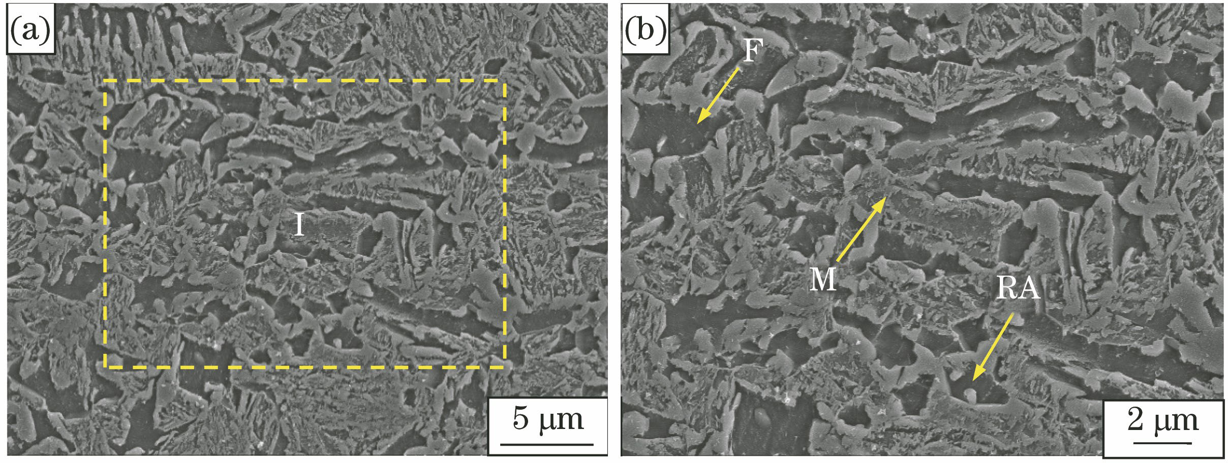 Microstructure SEM images of QP1180 high strength steel. (a) Low magnification of BM; (b) I area enlargement