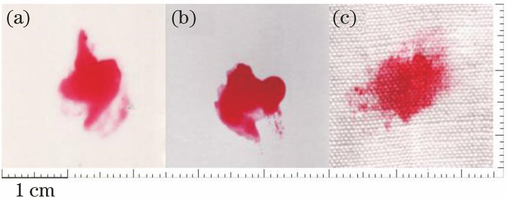 Bloodstain samples on three substrates. (a) White ceramic tile; (b) white paper; (c) white cotton cloth