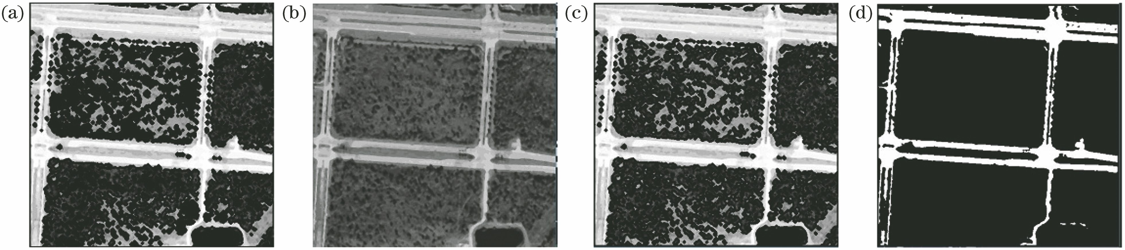 Road extraction process. (a) Image mathematical morphology processing result; (b) image EM clustering result; (c) image contour detection result; (d) road extraction result