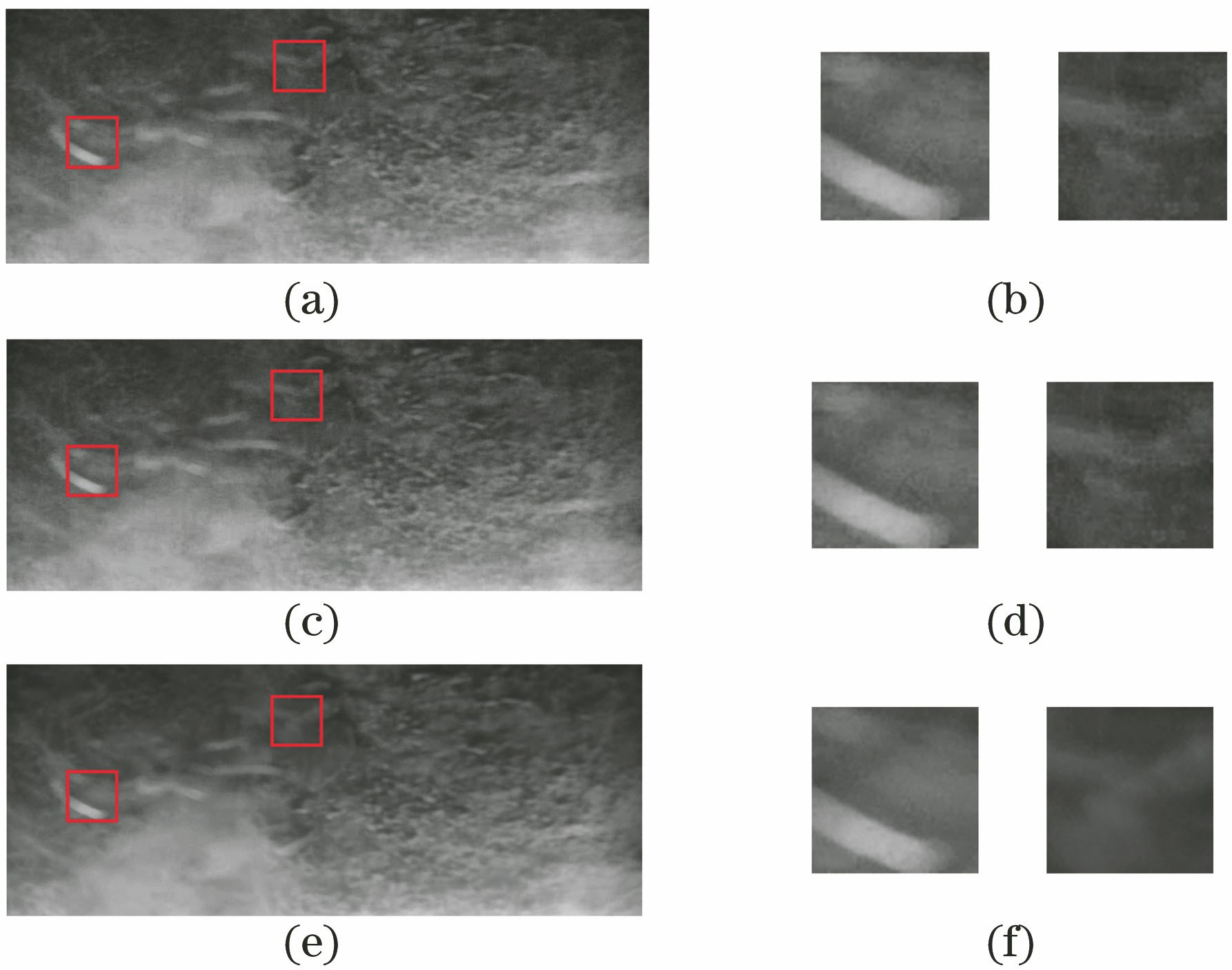 Comparison of guided filtering effect. (a) Unfiltered blue channel; (b) partial enlargement of (a); (c) traditional guided filtering effect; (d) partial enlargement of (c); (e) proposed guided filtering effect; (f) partial enlargement of (e)