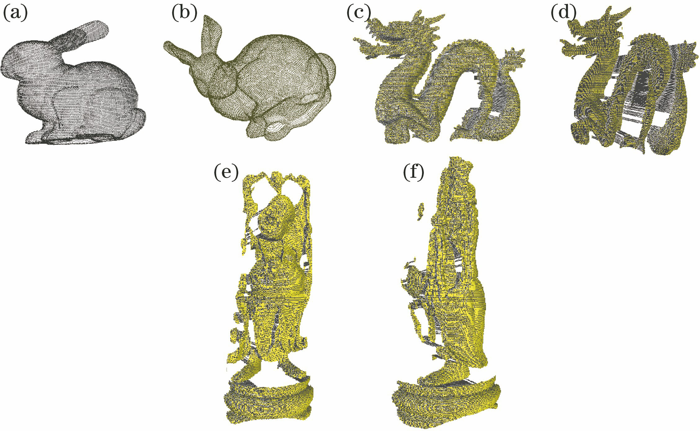 Point cloud model. (a)(b) Bunny at different angles; (c)(d) Dragon at different angles; (e)(f) Happy at different angles