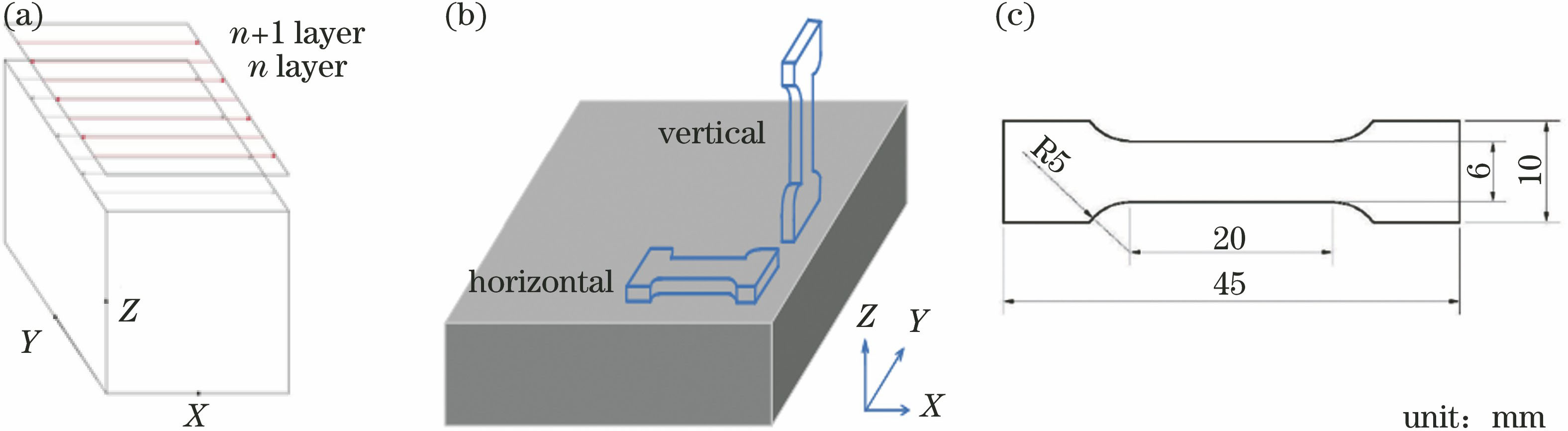 Schematic of print parameters and tensile sample. (a) Schematic of laser scanning direction; (b) schematic of building orientations; (c) schematic of three-dimensional size