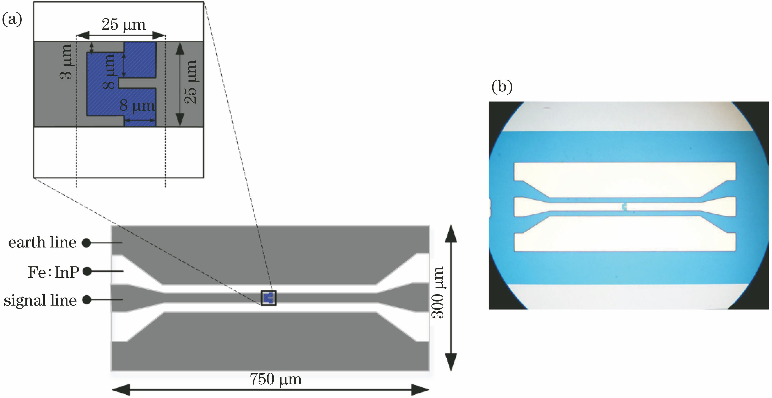 Structure diagram of photoconductive switch. (a) Schematic diagram; (b) physical map