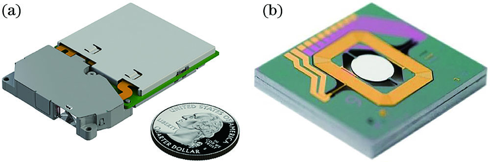 MEMS laser projection module. (a) Actual scanning module; (b) two-dimensional MEMS scanning micromirror chip