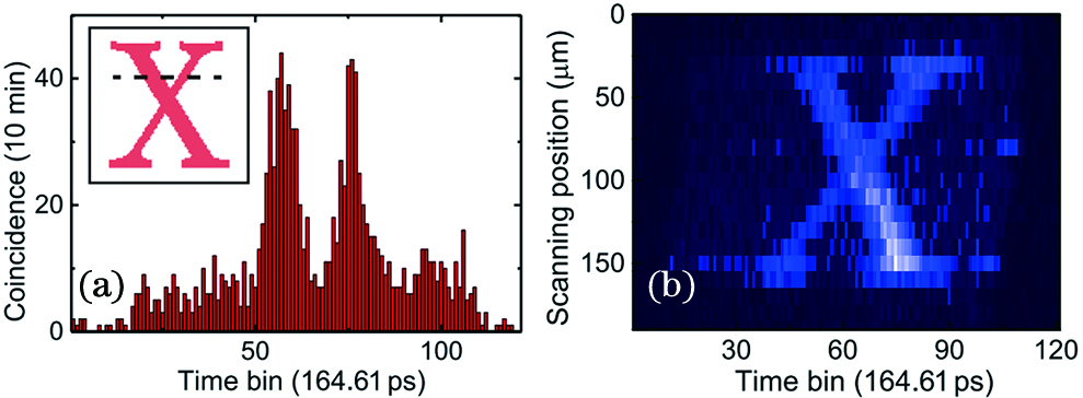 The experimental results of quantum temporal ghost imaging[32]. (a) A typical coincidence count histogram; (b) two-dimensional imaging by step-moving the object