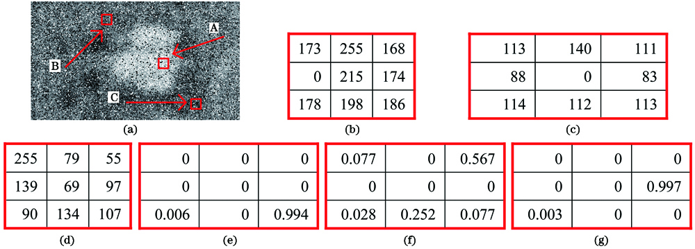 Examples of pixel weight setting in image patch. (a) Three image patches called A, B, and C, respectively; (b) gray values of image patch A; (c) gray values of image patch B; (d) gray values of image patch C; (e) ωjr in image patch A; (f) ωjr in image patch B; (g) ωjr in image patch C